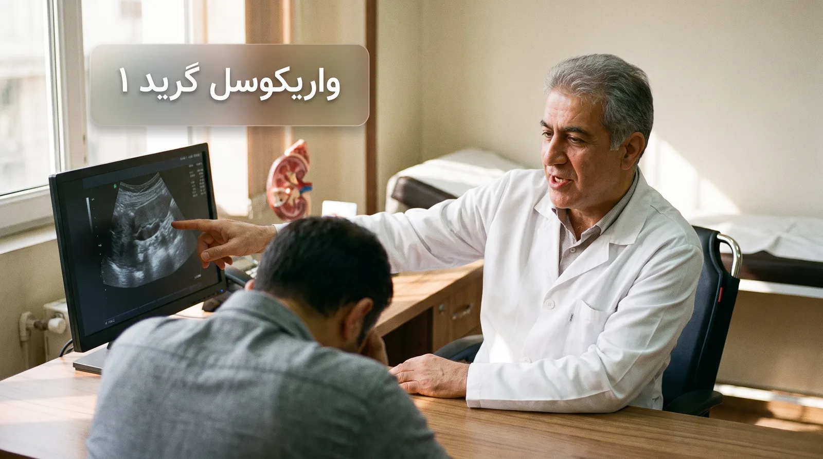 پزشک ارولوژیست در حال توضیح جواب سونوگرافی واریکوسل گرید ۱ برای بیمار