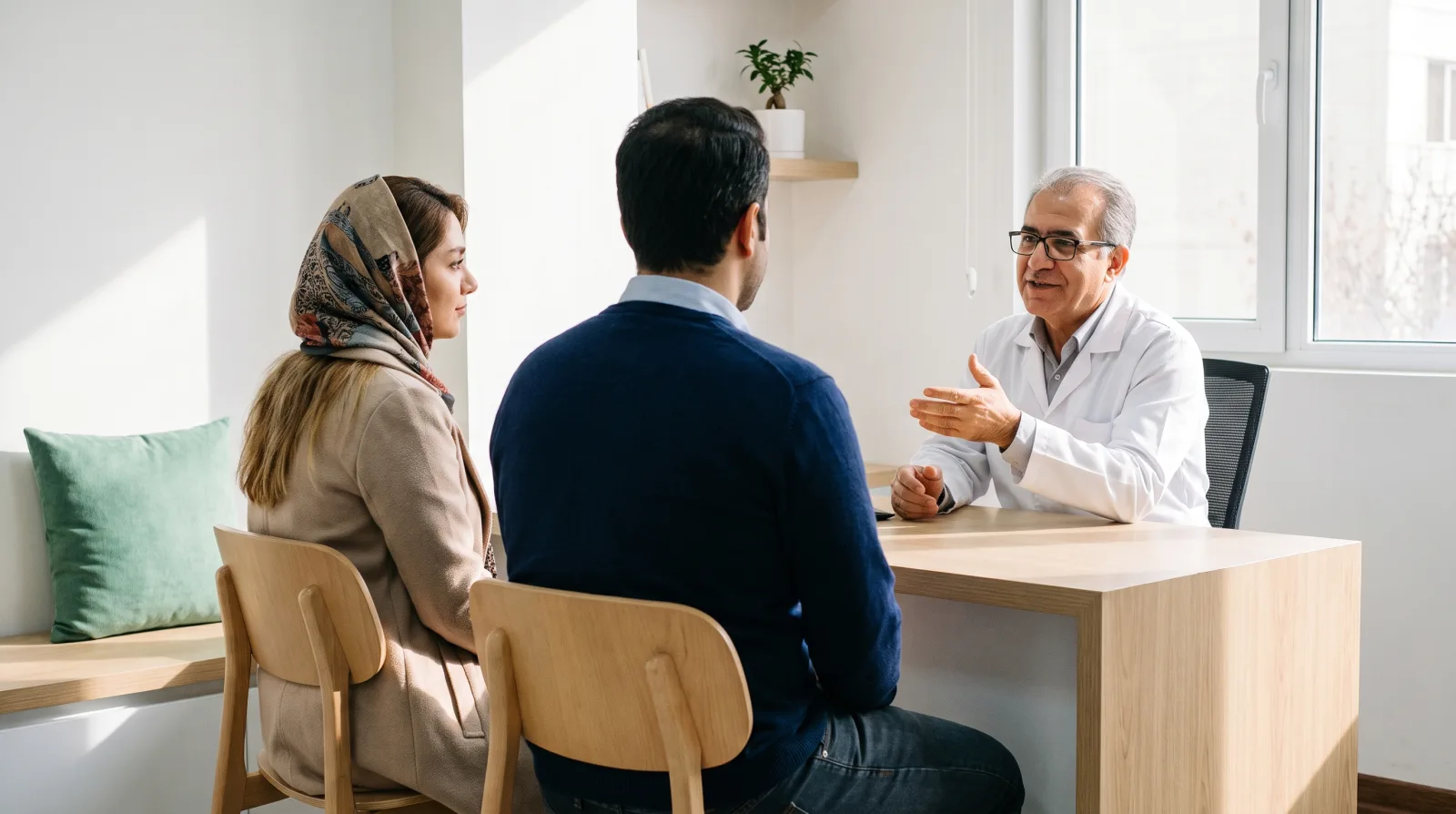 تصویر مفهومی زوج جوان در حال مشورت با پزشک دربارهی بارداری بعد از عمل واریکوسل